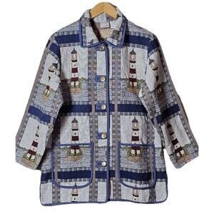BLAIR Jacket Women's M Blanket Lighthouses Nautical Anchor Buttons Pockets Blue